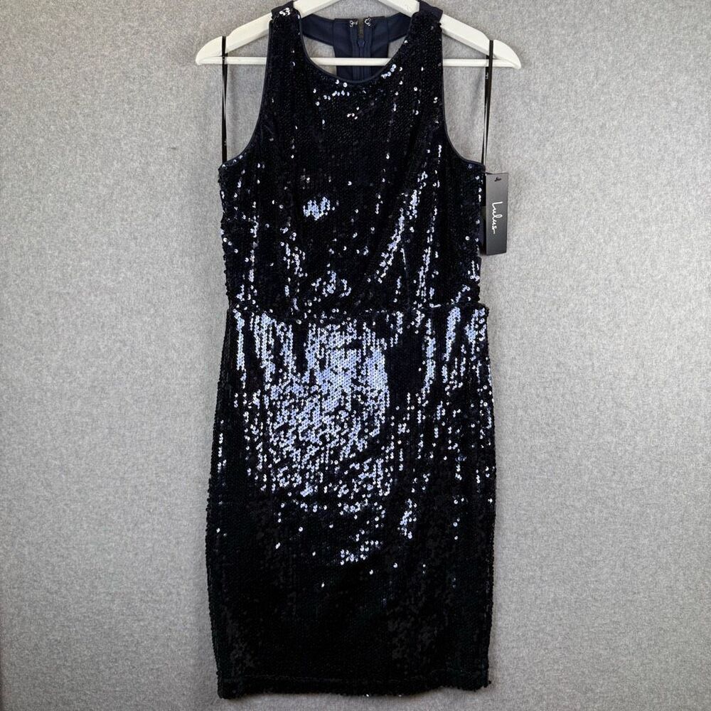 Lulus Womens Medium All Over Sequin Mini Dress Navy Blue Strappy Open Back NWT